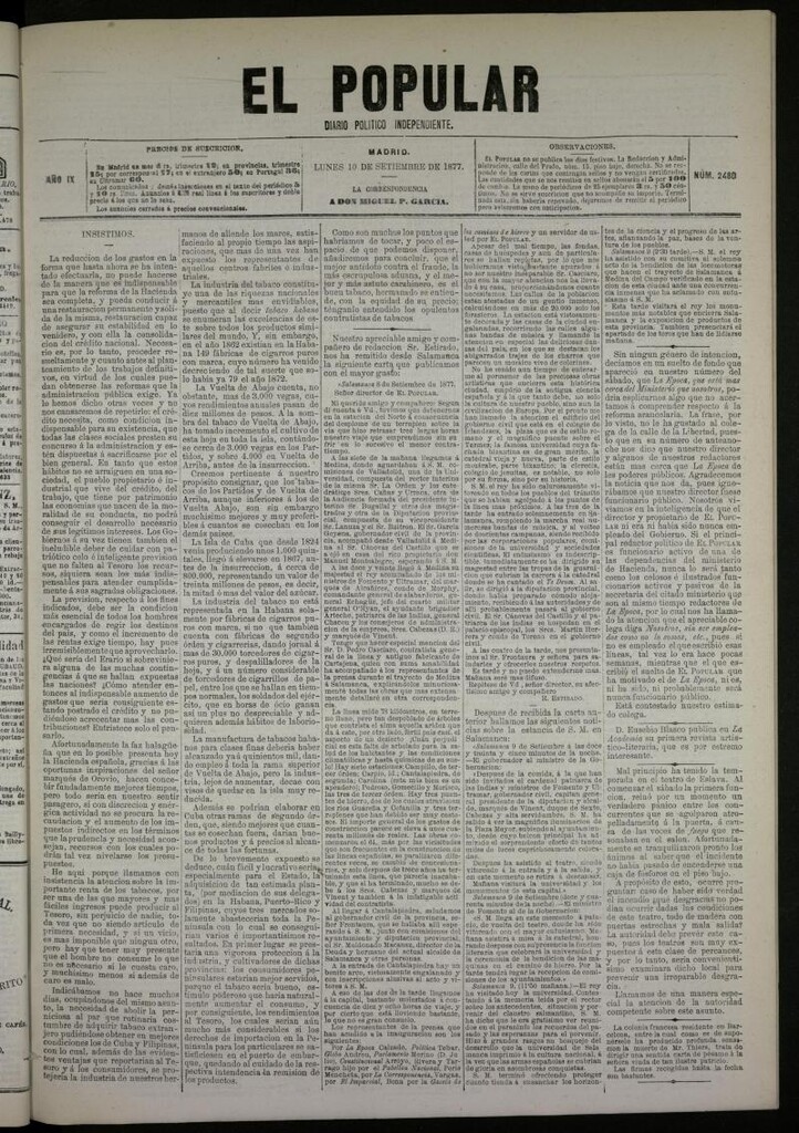Miniatura de El Popular: diario independiente, político, literario y de noticias de interés general del 10 de septiembre de 1877, nº 2480