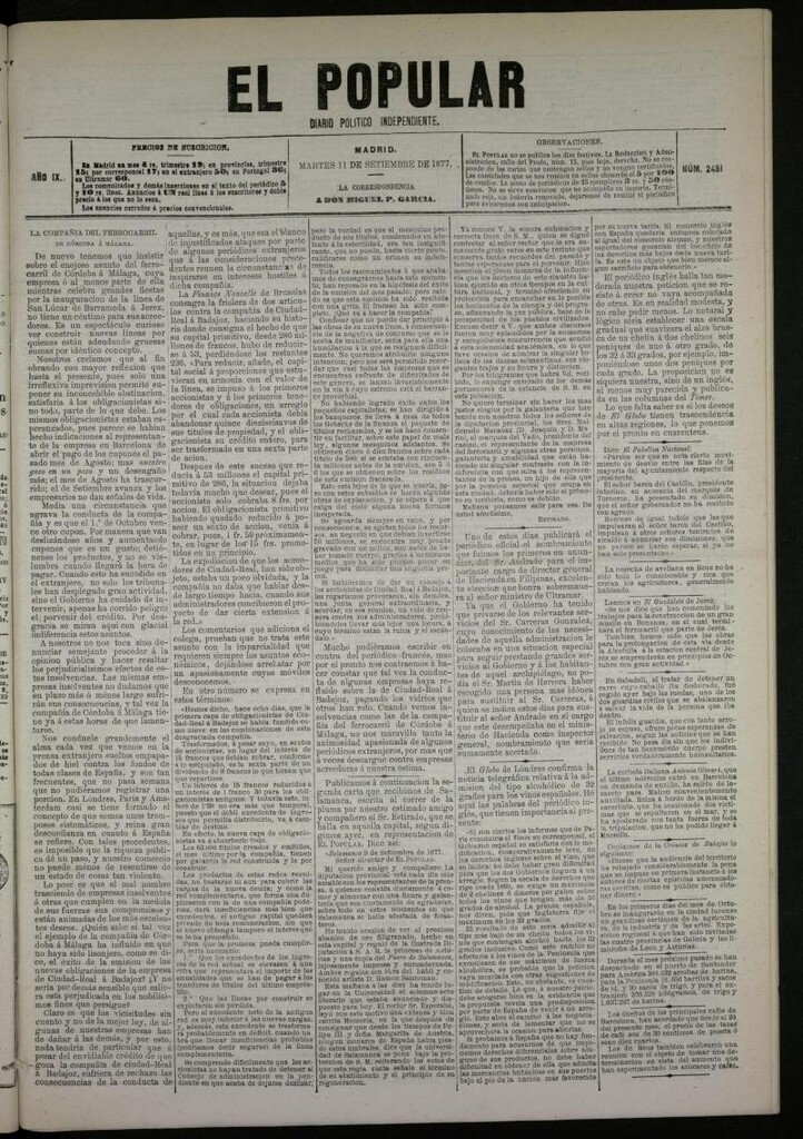 Miniatura de El Popular: diario independiente, político, literario y de noticias de interés general del 11 de septiembre de 1877, nº 2481