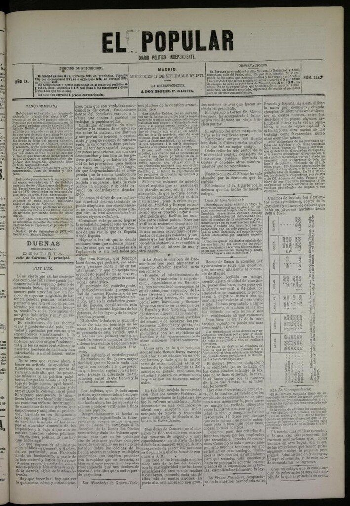 Miniatura de El Popular: diario independiente, político, literario y de noticias de interés general del 12 de septiembre de 1877, nº 2482