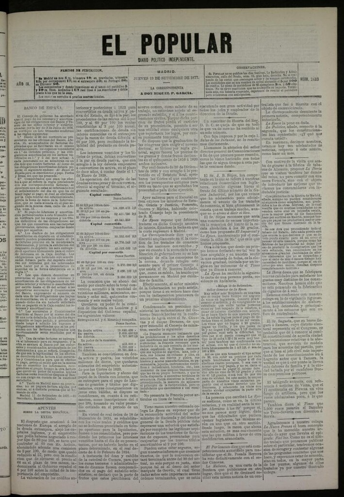 Miniatura de El Popular: diario independiente, político, literario y de noticias de interés general del 13 de septiembre de 1877, nº 2483