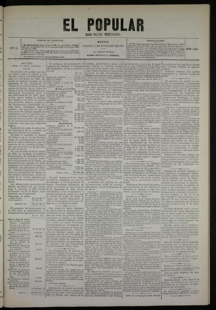Miniatura de El Popular: diario independiente, político, literario y de noticias de interés general del 14 de septiembre de 1877, nº 2484
