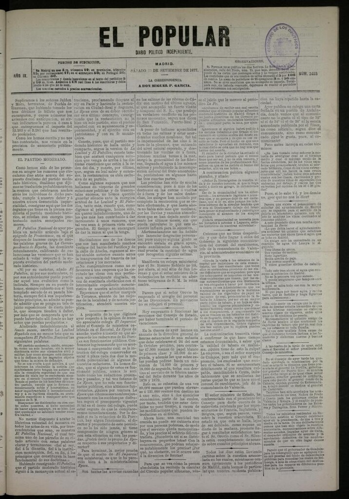 Miniatura de El Popular: diario independiente, político, literario y de noticias de interés general del 15 de septiembre de 1877, nº 2485