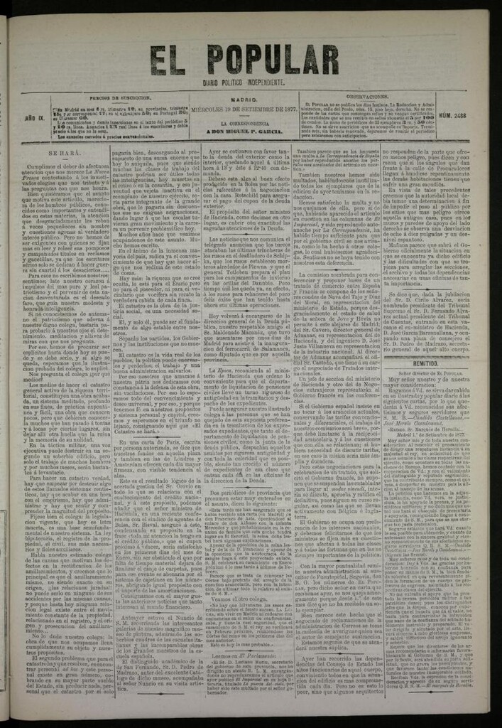 Miniatura de El Popular: diario independiente, político, literario y de noticias de interés general del 19 de septiembre de 1877, nº 2488