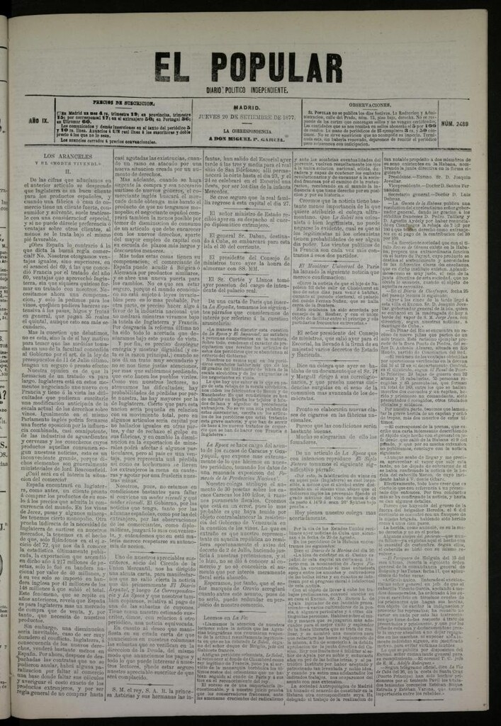 Miniatura de El Popular: diario independiente, político, literario y de noticias de interés general del 20 de septiembre de 1877, nº 2489