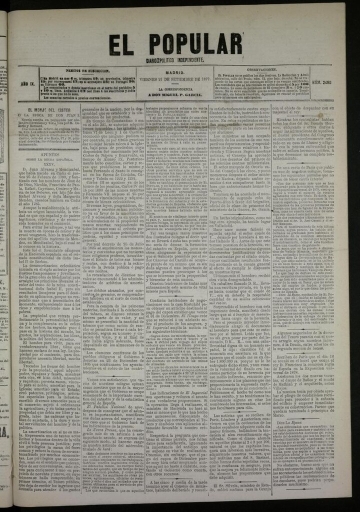 Miniatura de El Popular: diario independiente, político, literario y de noticias de interés general del 21 de septiembre de 1877, nº 2490