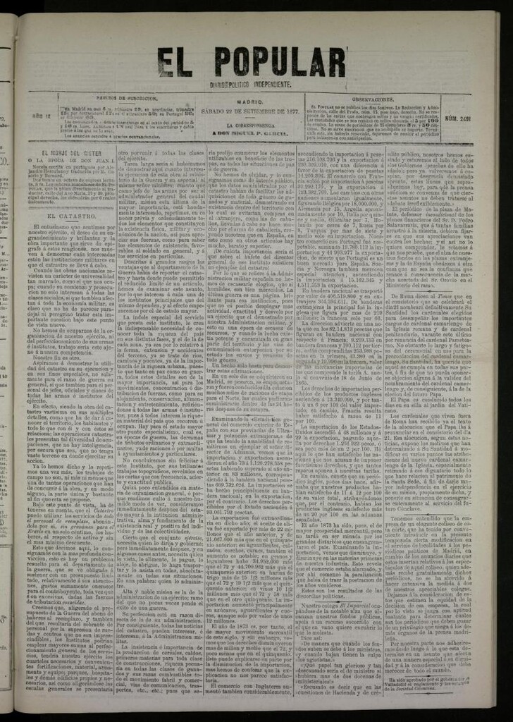 Miniatura de El Popular: diario independiente, político, literario y de noticias de interés general del 22 de septiembre de 1877, nº 2491