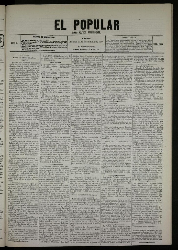 Miniatura de El Popular: diario independiente, político, literario y de noticias de interés general del 25 de septiembre de 1877, nº 2493