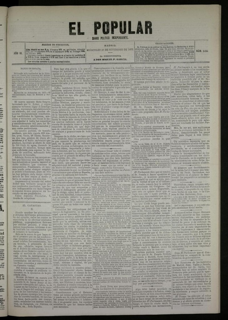 Miniatura de El Popular: diario independiente, político, literario y de noticias de interés general del 26 de septiembre de 1877, nº 2494