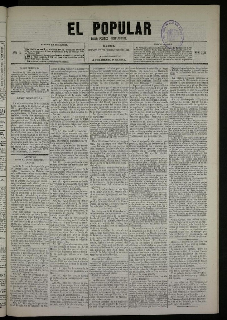 Miniatura de El Popular: diario independiente, político, literario y de noticias de interés general del 27 de septiembre de 1877, nº 2495