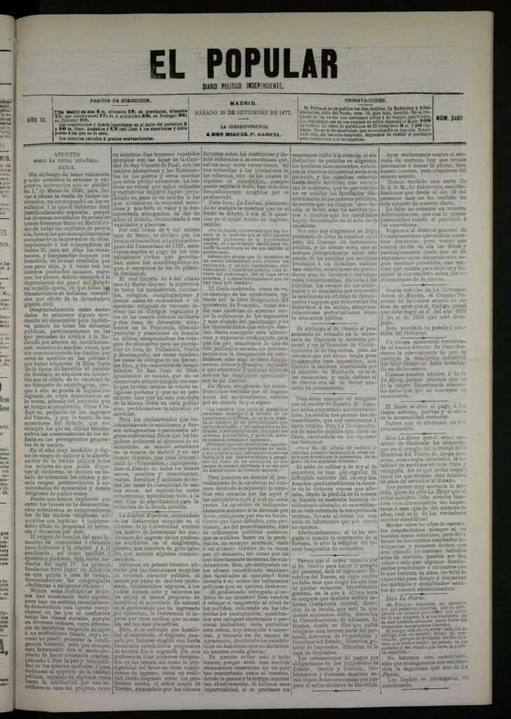 Miniatura de El Popular: diario independiente, político, literario y de noticias de interés general del 29 de septiembre de 1877, nº 2497