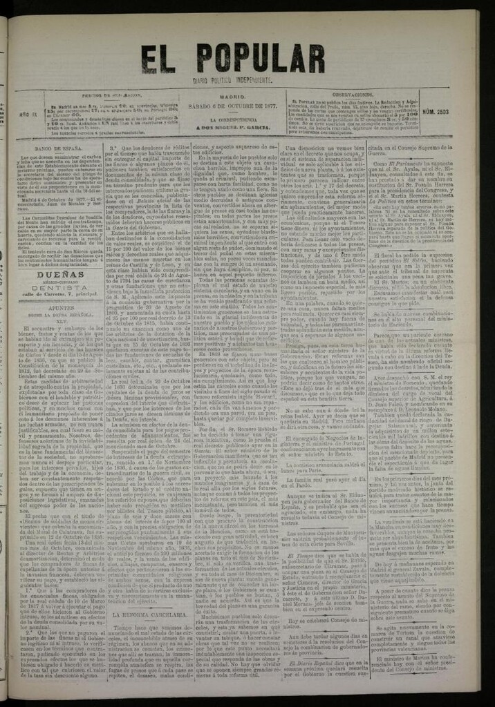 Miniatura de El Popular: diario independiente, político, literario y de noticias de interés general del 6 de octubre de 1877, nº 2503