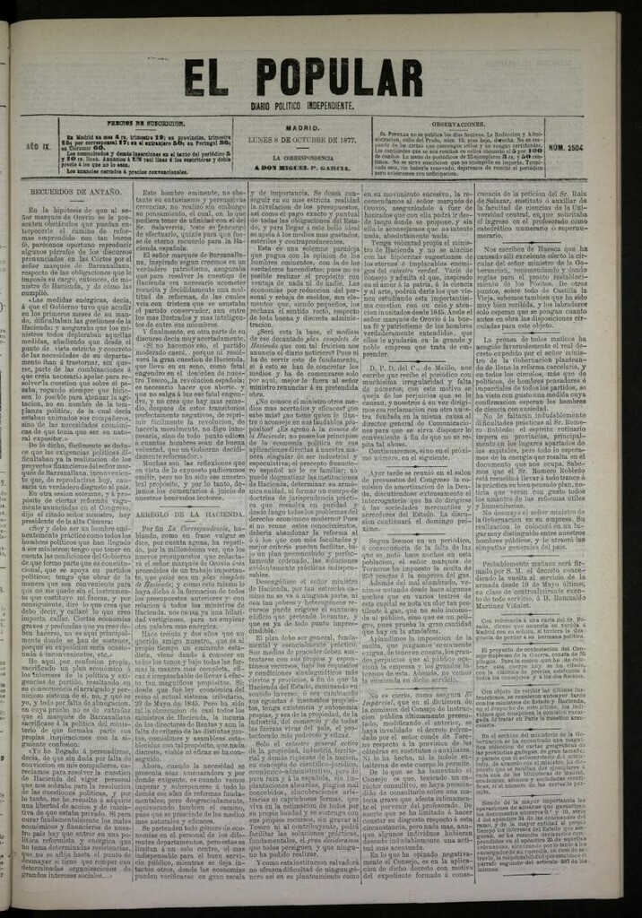 Miniatura de El Popular: diario independiente, político, literario y de noticias de interés general del 8 de octubre de 1877, nº 2504