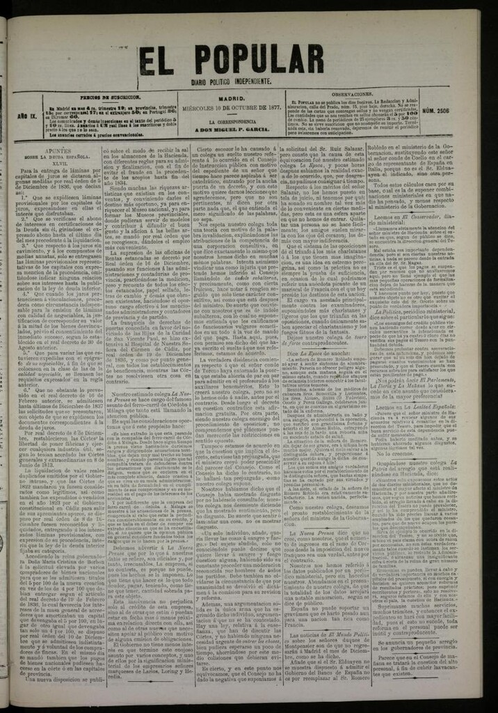 Miniatura de El Popular: diario independiente, político, literario y de noticias de interés general del 10 de octubre de 1877, nº 2506