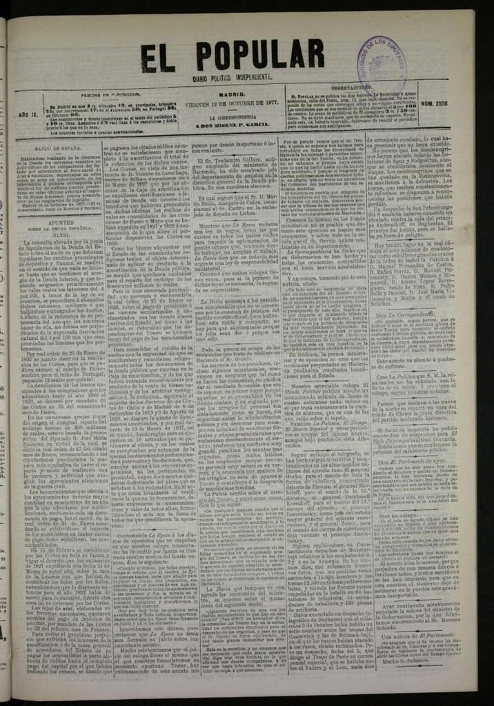 Miniatura de El Popular: diario independiente, político, literario y de noticias de interés general del 12 de octubre de 1877, nº 2508