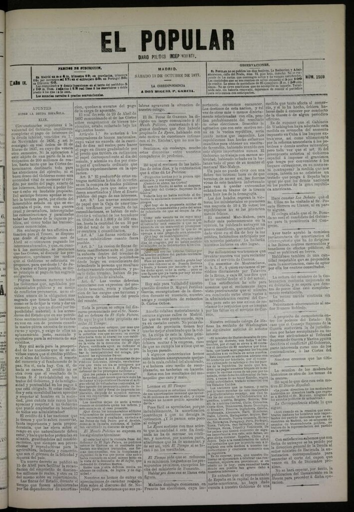Miniatura de El Popular: diario independiente, político, literario y de noticias de interés general del 13 de octubre de 1877, nº 2509
