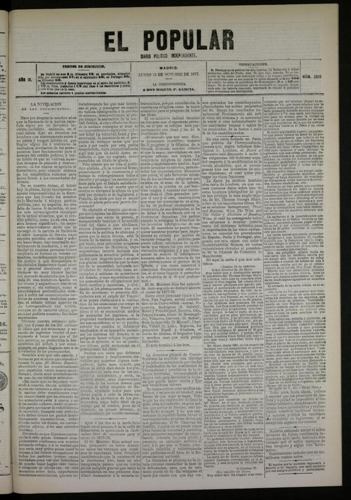 Miniatura de El Popular: diario independiente, político, literario y de noticias de interés general del 15 de octubre de 1877, nº 2510