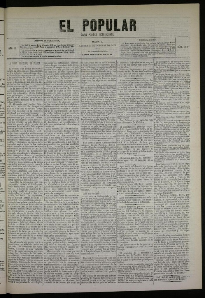 Miniatura de El Popular: diario independiente, político, literario y de noticias de interés general del 16 de octubre de 1877, nº 2511