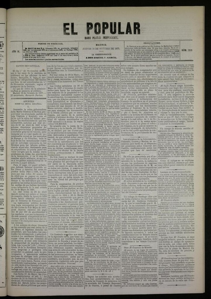Miniatura de El Popular: diario independiente, político, literario y de noticias de interés general del 18 de octubre de 1877, nº 2513