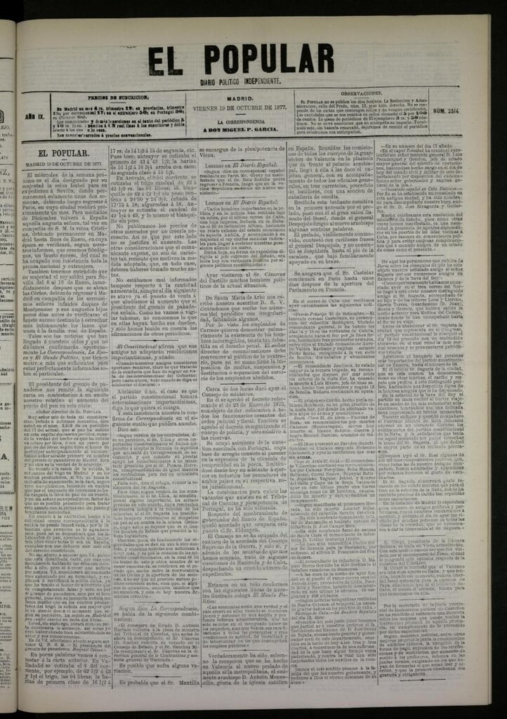 Miniatura de El Popular: diario independiente, político, literario y de noticias de interés general del 19 de octubre de 1877, nº 2514