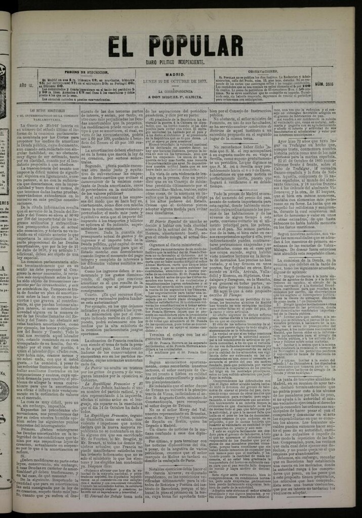Miniatura de El Popular: diario independiente, político, literario y de noticias de interés general del 22 de octubre de 1877, nº 2516
