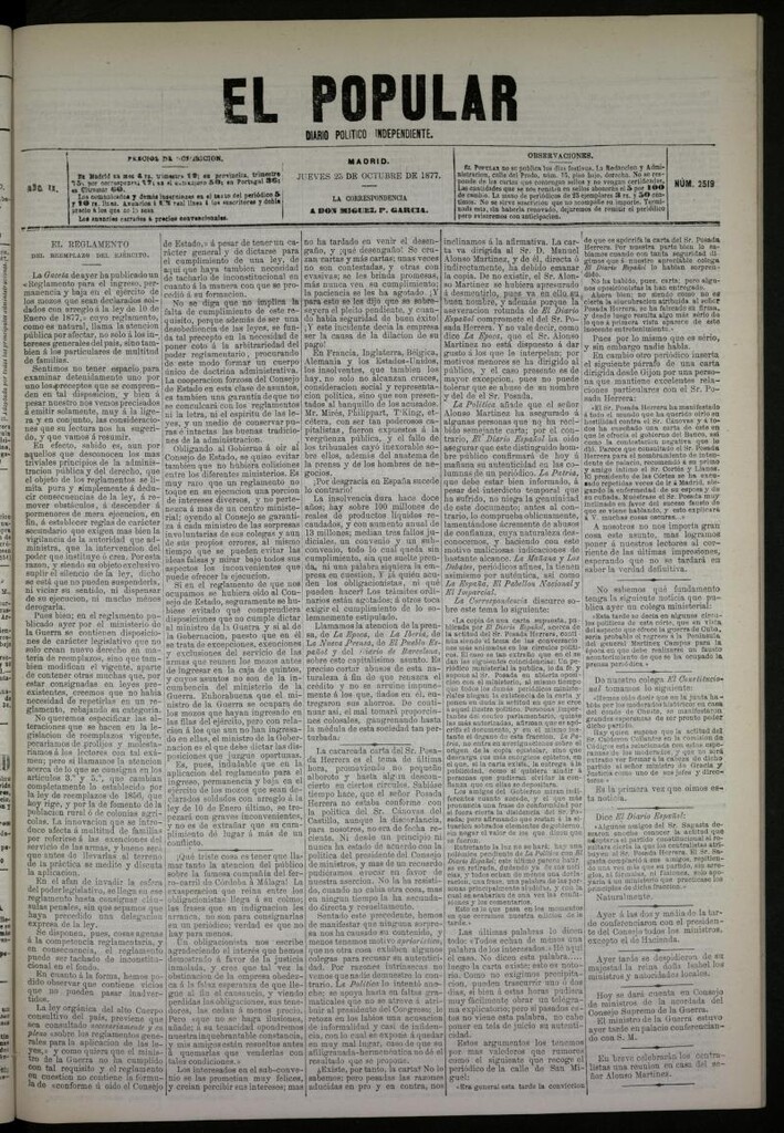 Miniatura de El Popular: diario independiente, político, literario y de noticias de interés general del 25 de octubre de 1877, nº 2519