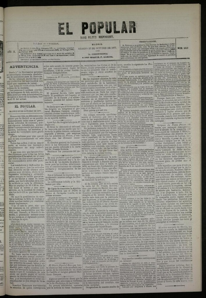 Miniatura de El Popular: diario independiente, político, literario y de noticias de interés general del 27 de octubre de 1877, nº 2521
