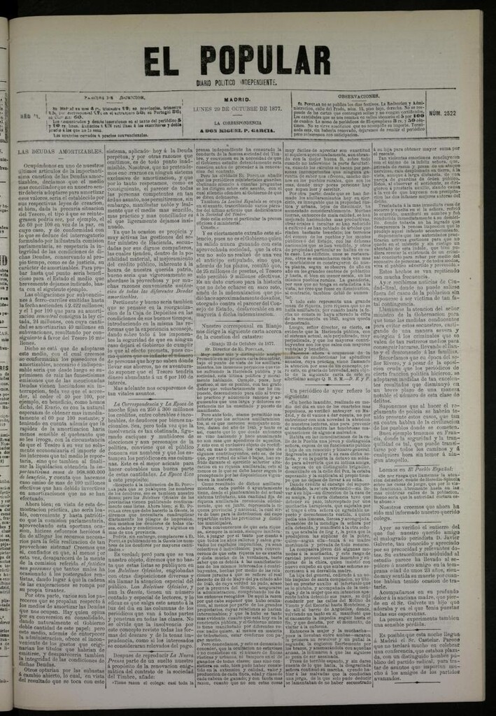 Miniatura de El Popular: diario independiente, político, literario y de noticias de interés general del 29 de octubre de 1877, nº 2522