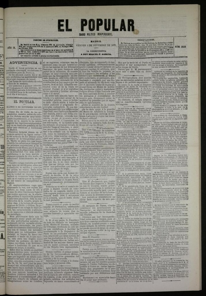 Miniatura de El Popular: diario independiente, político, literario y de noticias de interés general del 2 de noviembre de 1877, nº 2525
