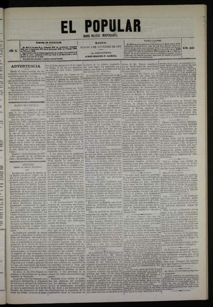 Miniatura de El Popular: diario independiente, político, literario y de noticias de interés general del 3 de noviembre de 1877, nº 2526