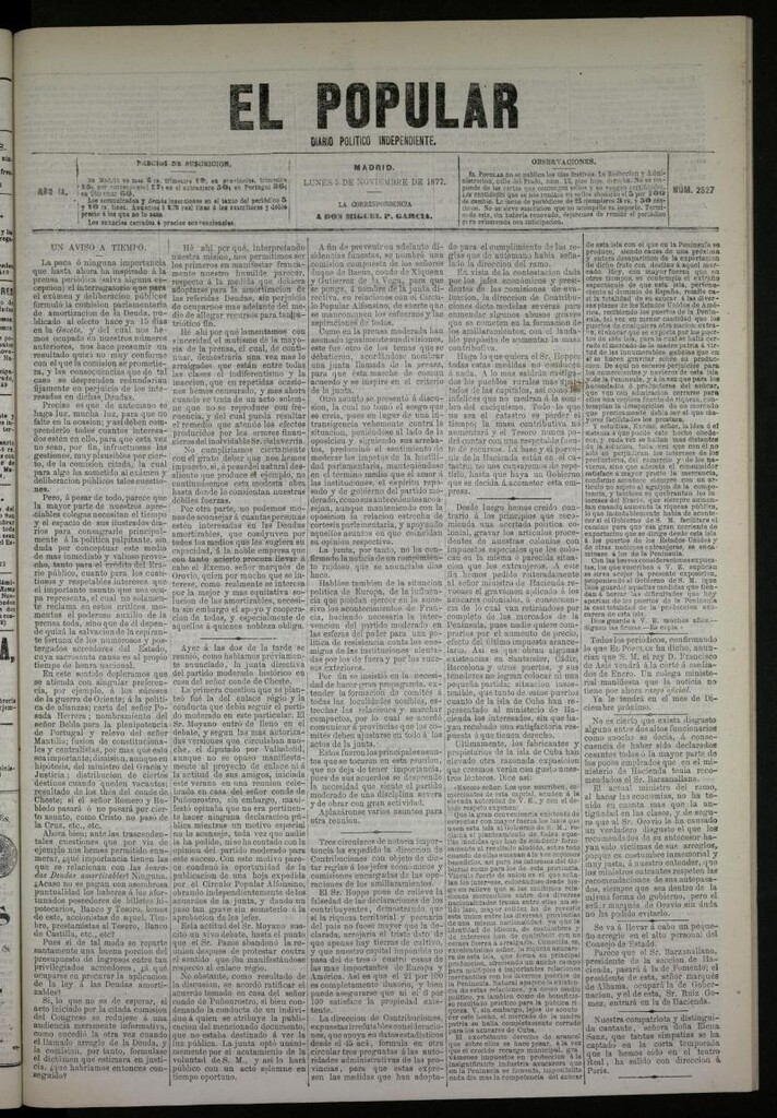 Miniatura de El Popular: diario independiente, político, literario y de noticias de interés general del 5 de noviembre de 1877, nº 2527