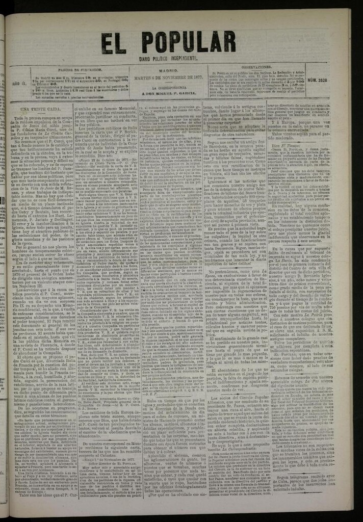 Miniatura de El Popular: diario independiente, político, literario y de noticias de interés general del 6 de noviembre de 1877, nº 2528