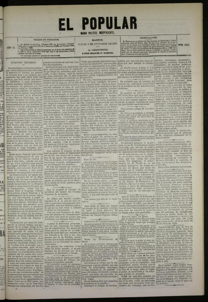Miniatura de El Popular: diario independiente, político, literario y de noticias de interés general del 8 de noviembre de 1877, nº 2530