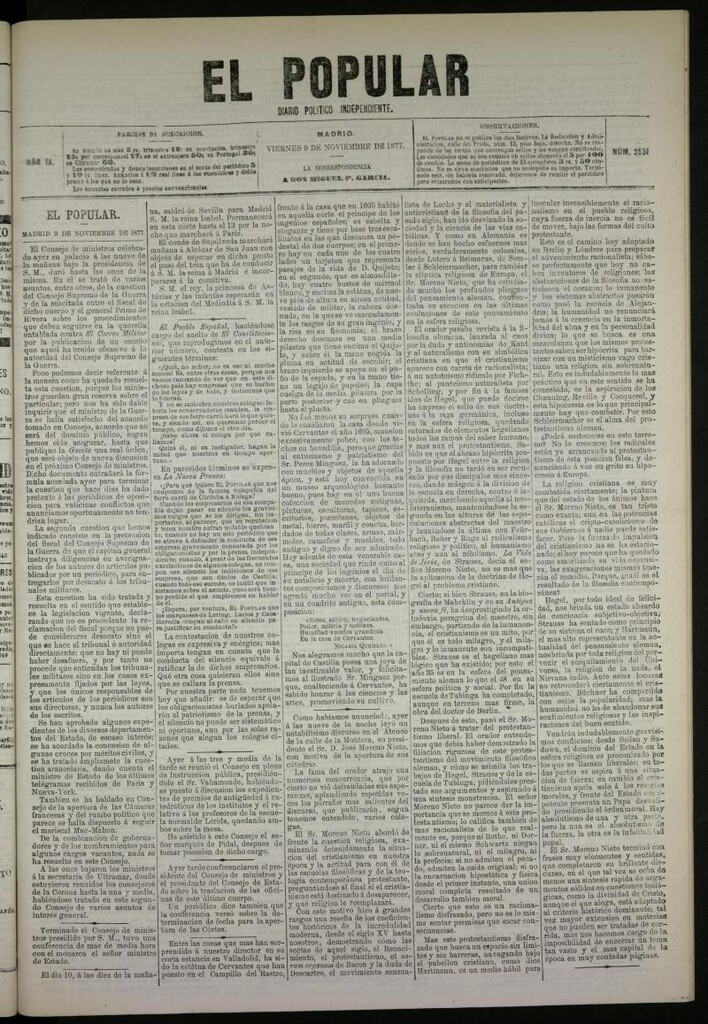 Miniatura de El Popular: diario independiente, político, literario y de noticias de interés general del 9 de noviembre de 1877, nº 2531