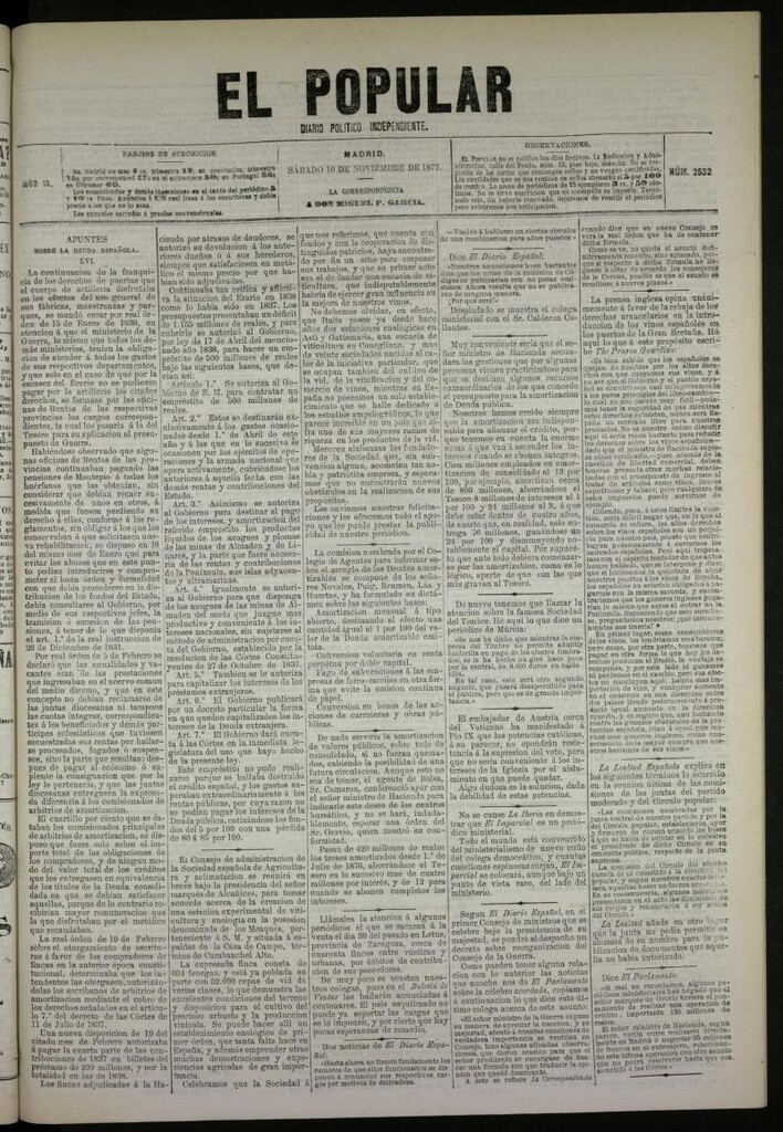 Miniatura de El Popular: diario independiente, político, literario y de noticias de interés general del 10 de noviembre de 1877, nº 2532