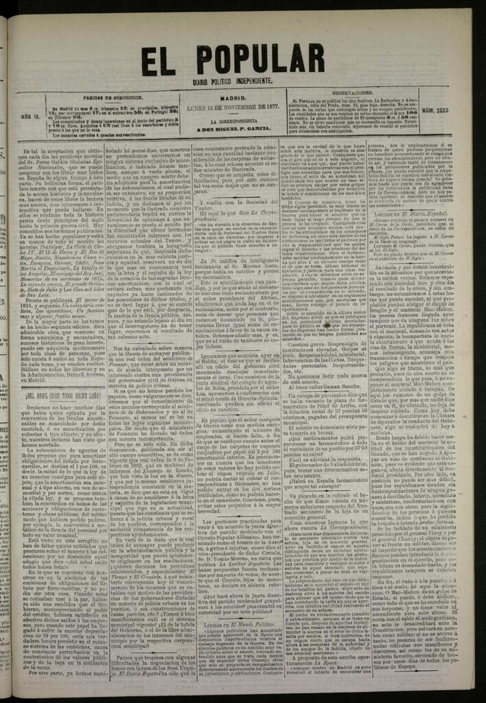 Miniatura de El Popular: diario independiente, político, literario y de noticias de interés general del 12 de noviembre de 1877, nº 2533