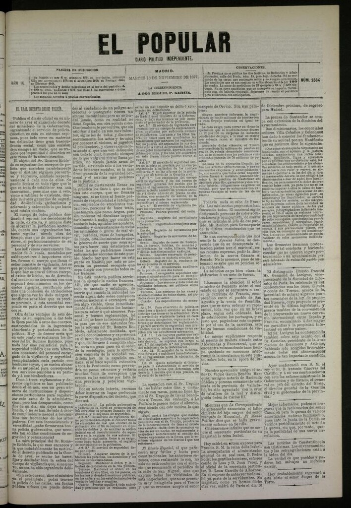 Miniatura de El Popular: diario independiente, político, literario y de noticias de interés general del 13 de noviembre de 1877, nº 2534