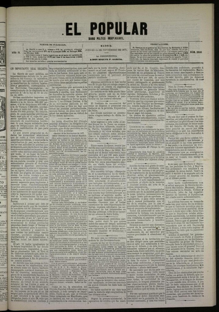 Miniatura de El Popular: diario independiente, político, literario y de noticias de interés general del 15 de noviembre de 1877, nº 2536