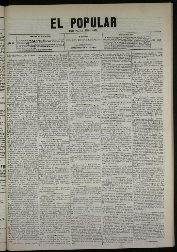 Miniatura de El Popular: diario independiente, político, literario y de noticias de interés general del 16 de noviembre de 1877, nº 2537