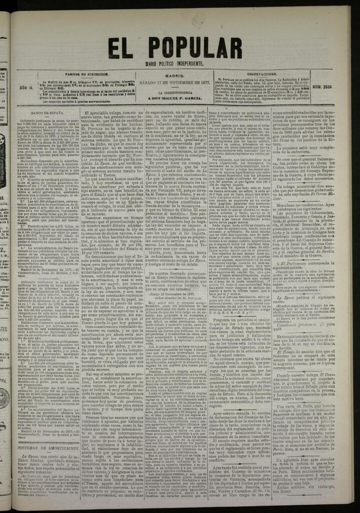 Miniatura de El Popular: diario independiente, político, literario y de noticias de interés general del 17 de noviembre de 1877, nº 2538