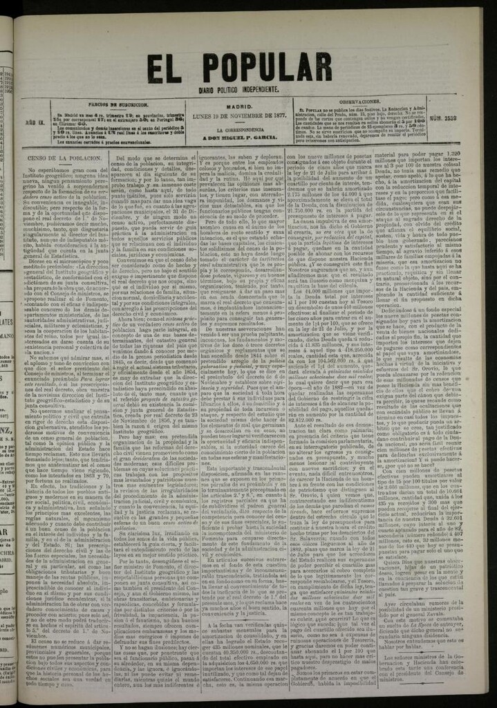 Miniatura de El Popular: diario independiente, político, literario y de noticias de interés general del 19 de noviembre de 1877, nº 2539