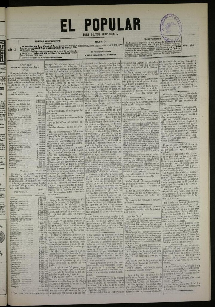 Miniatura de El Popular: diario independiente, político, literario y de noticias de interés general del 21 de noviembre de 1877, nº 2541