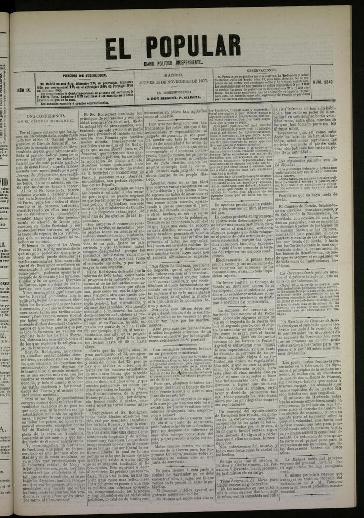 Miniatura de El Popular: diario independiente, político, literario y de noticias de interés general del 22 de noviembre de 1877, nº 2542