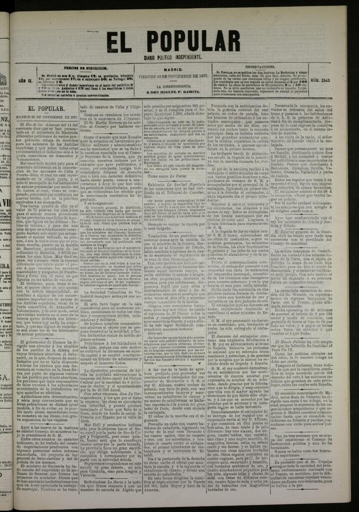 Miniatura de El Popular: diario independiente, político, literario y de noticias de interés general del 23 de noviembre de 1877, nº 2543