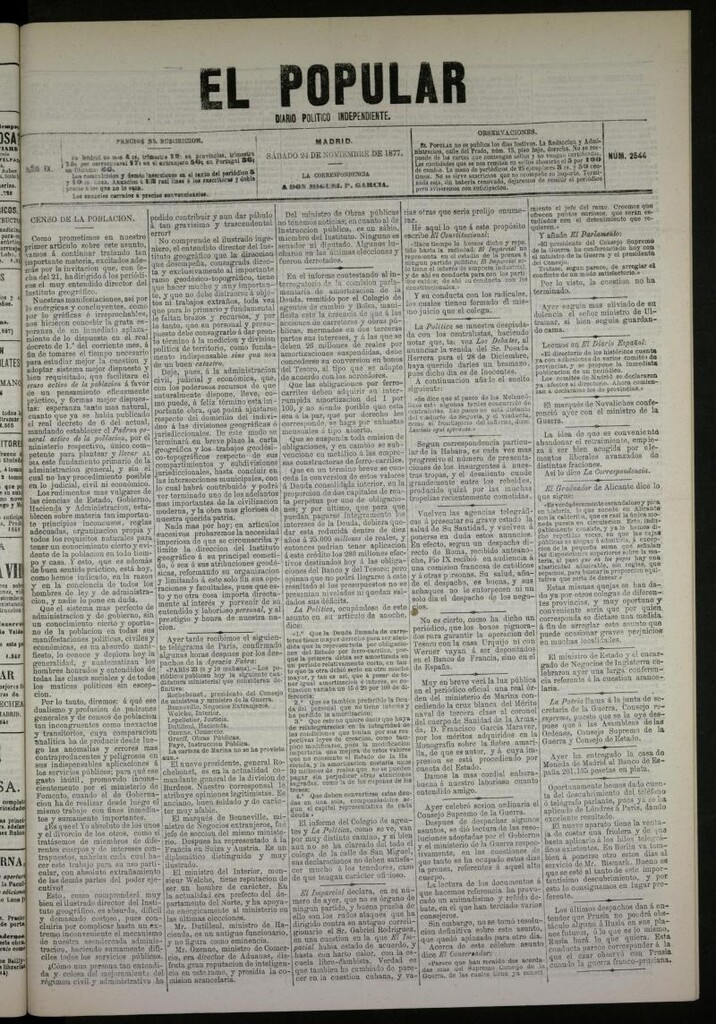 Miniatura de El Popular: diario independiente, político, literario y de noticias de interés general del 24 de noviembre de 1877, nº 2544