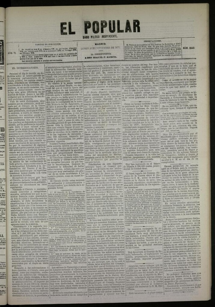 Miniatura de El Popular: diario independiente, político, literario y de noticias de interés general del 26 de noviembre de 1877, nº 2545