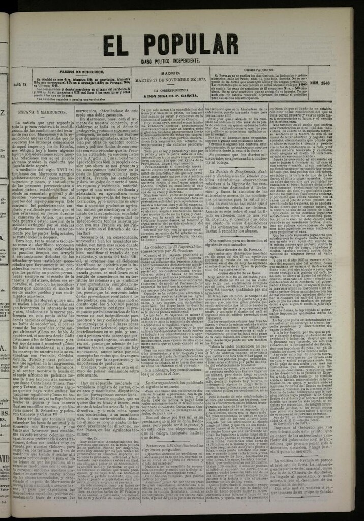 Miniatura de El Popular: diario independiente, político, literario y de noticias de interés general del 27 de noviembre de 1877, nº 2546