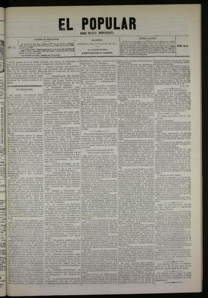 Miniatura de El Popular: diario independiente, político, literario y de noticias de interés general del 29 de noviembre de 1877, nº 2548