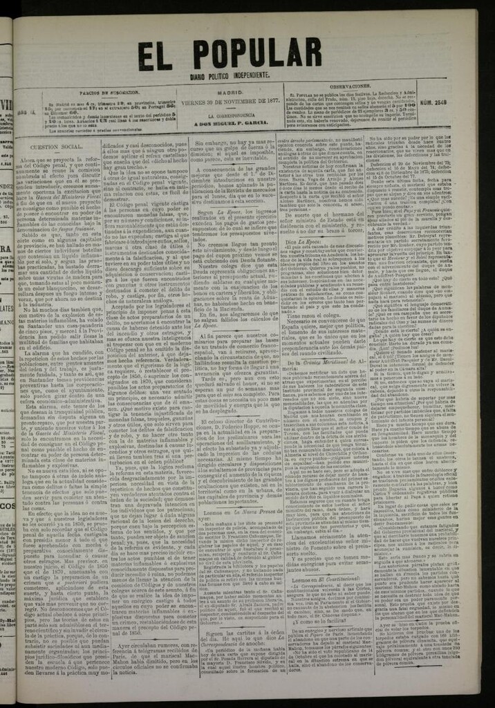 Miniatura de El Popular: diario independiente, político, literario y de noticias de interés general del 30 de noviembre de 1877, nº 2549