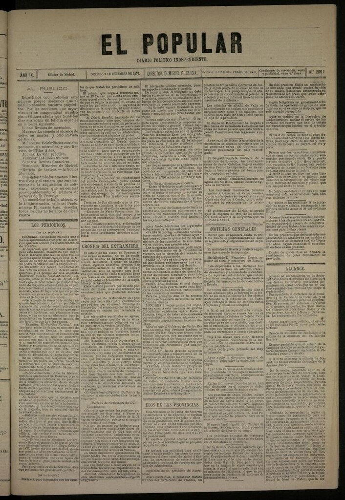 Miniatura de El Popular: diario independiente, político, literario y de noticias de interés general del 2 de diciembre de 1877, nº 2551