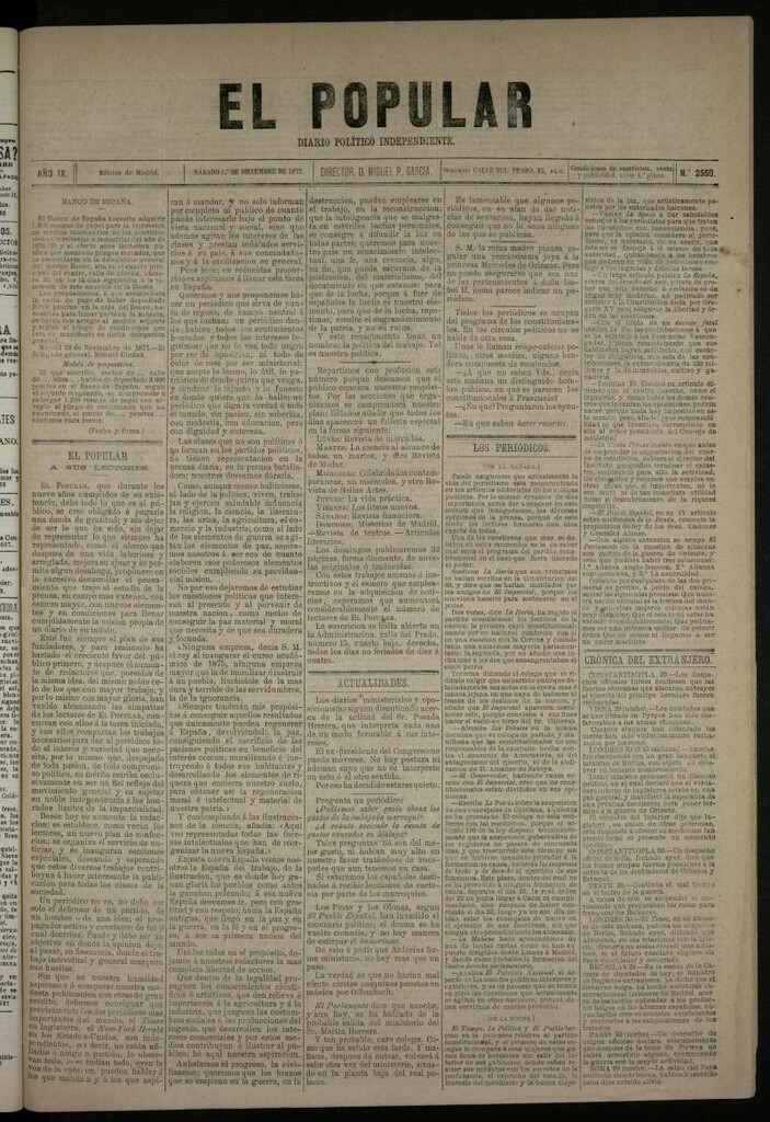 Miniatura de El Popular: diario independiente, político, literario y de noticias de interés general del 1 de diciembre de 1877, nº 2550